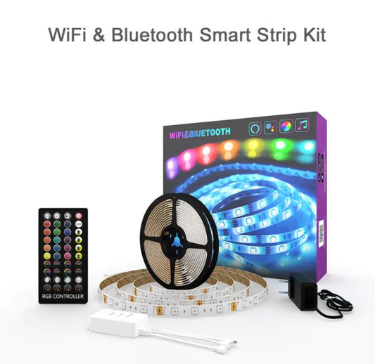 WiFi & Bluetooth Smart Strip Kit with LED strip, controller, and packaging on a white background