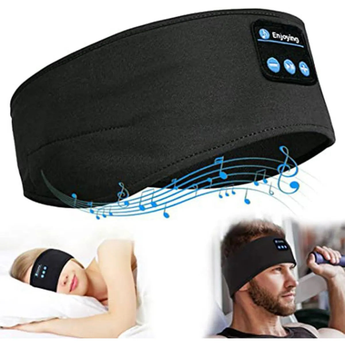 Man wearing bluetooth sleep headband lying in bed