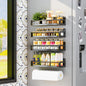 Magnetic spice rack organizer holding jars on fridge side