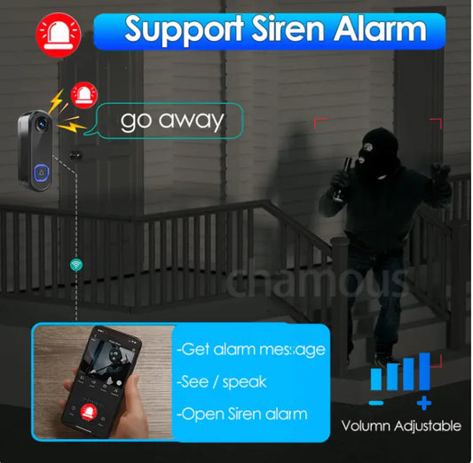 Advertisement for a security device with siren alarm feature, showing a person with a mask and a smartphone.